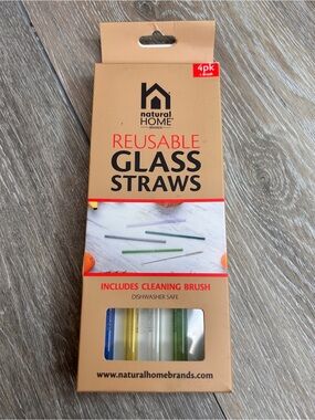 Natural Home 4 Pack Reusable Glass Straws:W/Cleaning Brush/Diswasher Safe
